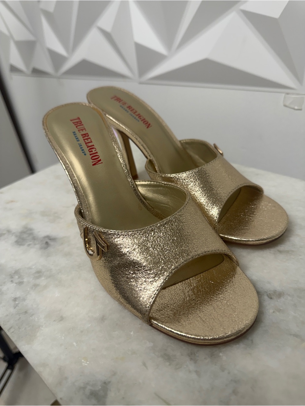 True Religion Gold Metallic Slide Heel Sandals
